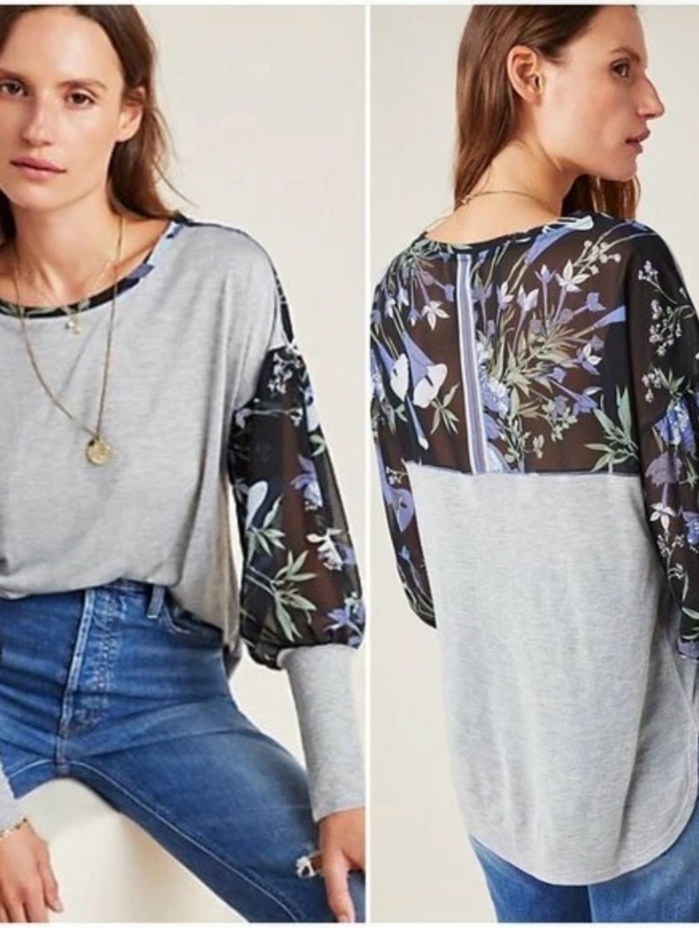 Tiny Anthropologie Raye Floral Printed Gray Shirt Top S